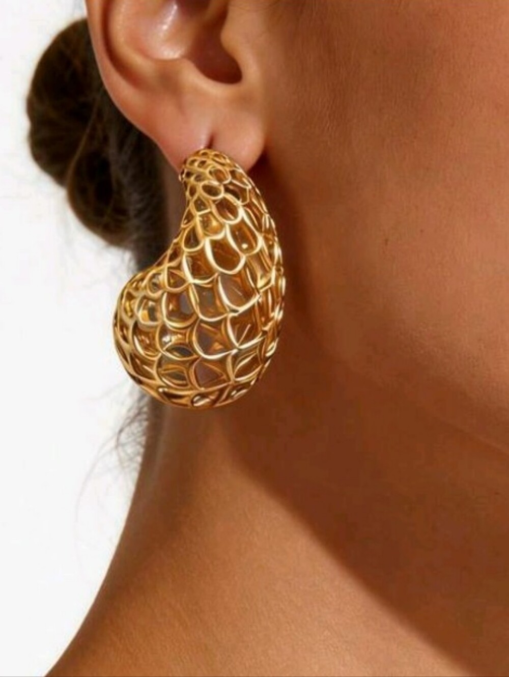 NEW! 14k Gold Plated Filigree Openwork Dome Teardrop Hoop Post Earrings